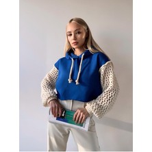 Mamayaga Kadın Kolları Triko Tasarım 3 Iplik Uzun Kol Pamuk Crop Boy Şık Sweatshirt