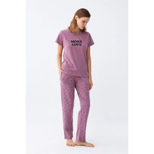 Moda Şahsenem Moda Kadın Mor Yıldız Desenli Penye Kısa Kol Pijama Takımı