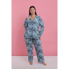 Moda Şahsenem Moda Kadın Büyük Beden Mavi Tropikal Desenli Düğmeli Pijama Takımı