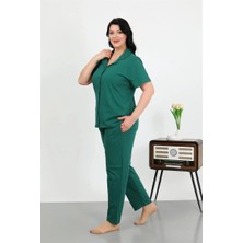 Moda Şahsenem Moda Kadın Büyük Beden Pamuklu Cepli Düğmeli Zümrütyeşili Pijama Takım
