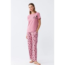 Moda Şahsenem Moda Kadın Somon Kalp Desenli Kısa Kollu Penye Pijama Takımı