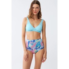 Moda Şahsenem Moda Kadın Pedli Üst Tropik Desenli Yüksek Bel Bikini Takımı - Buz Mavisi