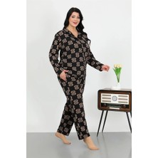 Moda Şahsenem Moda Kadın Büyük Beden Pamuklu Cepli Düğmeli Siyah Pijama Takım