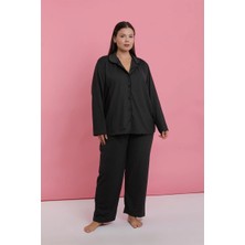 Moda Şahsenem Moda Kadın Büyük Beden Füme Düğmeli Pijama Takımı