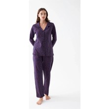 Moda Şahsenem Moda Kadın Mor Düğmeli Yaka Detaylı Desenli Pamuklu Pijama Takımı