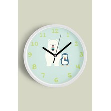 JHAAR Ayı İle Penguen Çocuk Odası Modern Duvar Saati - 35cm - Önü Camlı Beyaz Kasa