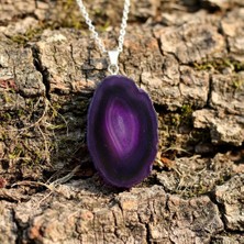 Taş Sandığı Mor Akik Taşı Dilim Kolye – Çelik Zincirli