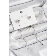 Dktt Pirinç Zirkon Taşlı Sallantılı Çiçek Model Gümüş Renk 925 Ayar Gümüş Çivi Kadın Küpe - TJ-BKP10967