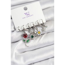Dktt Pirinç Zİrkon Taşlı Gül Ve Papatya Model Gümüş Renk 3'lü Çift Kadın Küpe - TJ-BKP10956