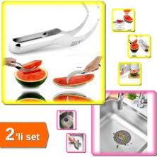 Hereveoyuncak Karpuz Kavun Dilimleme Bıçağı + Yuvarlak Silikon Mutfak Lavabo Küvet Süzgeci Gider - 2li Set J6L9D1