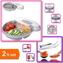 Hereveoyuncak 3 Bölmeli Kapaklı Pratik Kahvaltılık + Karpuz Kavun Dilimleme Bıçağı - 2li Set H1A1W0