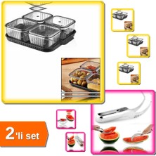 Hereveoyuncak 4 Bölmeli Akrilik Pratik Sızdırmaz Kapaklı Tepsili Kahvaltılık + Karpuz Dilimleme Bıçağı - 2li Set