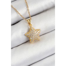 Dktt 316L Çelik Zirkon Taşlı Yıldız Model Gold Renk Kadın Kolye - TJ-BKO10351