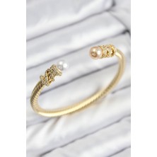 Dktt 316L Çelik Zirkon Taşlı İnci Model Gold Renk Kadın Bileklik - TJ-BB7779