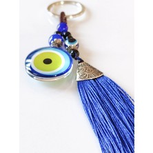 Moncuk Design Mavi Püsküllü Nazar Boncuğu Desenli Cam Anahtarlık