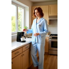 FRM Kadın Açık Çizgili Uzun Kollu Pijama Takımı Penguen Baskılı Fonksiyonel Dayanıklı Kaliteli