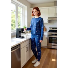 FRM Kadın Galaksi Baskılı Pijama Takımı Bisiklet Yaka Jogger Fonksiyonel Dayanıklı Kaliteli Şık