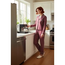 FRM Kadın Açık Çizgili Uzun Kollu Pijama Takımı Penguen Baskılı Fonksiyonel Dayanıklı Kaliteli