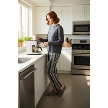 FRM Kadın Kışlık Antrasit Çizgili Pamuklu Pijama Fonksiyonel Dayanıklı Kaliteli Konforlu Rahat