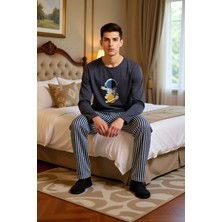 Ersefa Erkek Astronot Baskılı Çizgili Pijama Takımı Ev Giyimi Fonksiyonel Dayanıklı Kaliteli Spor