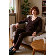 PayBuy Kadın Antrasit Kruvaze Yaka Bağlama Detaylı Örme Pijama Takımı Fonksiyonel Dayanıklı Rahat