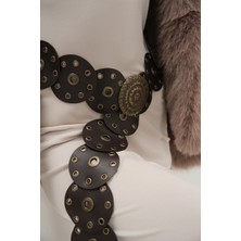 Versla Boho Tarz Yuvarlak Halkalı Deri Kadın Kemer, Vintage Etnik Tasarım