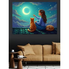 Tablo Mega Ay Işığında Çatıda Oturan Kız ve Kedileri Dekoratif Kanvas - Mdf Ahşap Tablo