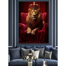 Tablomega Kırmızı Koltukta Oturan Kral Aslan Dekoratif Kanvas - Mdf Ahşap Tablo
