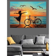 Karizma Tablo Deniz Kenarı Gün Batımında Kadın ve Bisiklet Silüeti Dekoratif Kanvas - Mdf Ahşap Tablo