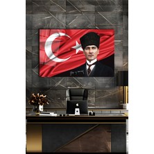Duvar Sanatı Atatürk Portre ve Türk Bayrağı Yatay Cam Tablo, Modern Duvar Dekoru , Kurum Ofis Iş Hediyelik Tablo