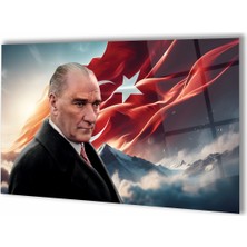 Duvar Sanatı Atatürk ve Türk Bayrağı Yatay Cam Tablo, Ev Iş Kurum Ofis Büyük Hediyelik Büyük Tablo
