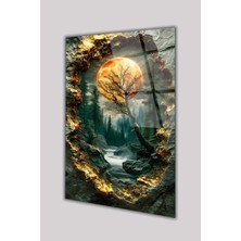 Duvar Sanatı Günbatımı Manzara Ay ve Ağaçlar Yeşil Gold Cam Tablo Hediyelik Salon Işyeri Ofis Büyük Duvar Dekoru