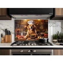 Duvar Sanatı Şef Aşçı Sevimli Sarı Köpek Cam Ocak Arkası ve Askastre Koruyucu,ısıya Dayanıklı Gerçek Temperli Cam