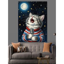 Artmeg Ay Işığında Şarkı Söyleyen Kazaklı Kedi Dekoratif Kanvas - Mdf Ahşap Tablo