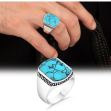 Mem Güney Silver Firuze Taşlı Desenli 925 Ayar Erkek Gümüş Yüzük