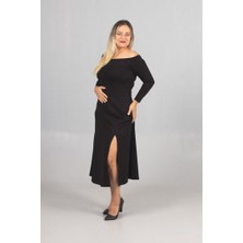 Truva Xxl Esnek Modal Kumaşlı Siyah Büyük Beden Madonna Yaka Elbise