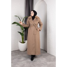 Pamuk Butik Kadın Kruvaze Kürk Yaka Kuşaklı Tam Boy Manto Kaban -PMK491