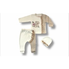 3-6 6-9 9-12 Ay Minik Sincap Nakışlı Şapkalı Uzun Kollu Sweatli 3lü Kız Bebek Takımı Kahverengi