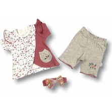 3-6 6-9 9-12 Ay Melek Kız Nakışlı Bandanalı Kısa Kollu Sweatli Şortlu 3lü Kız Bebek Takımı Nar Çiçeği