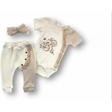 3-6 6-9 9-12 Ay Minik Sincap Nakışlı Şapkalı Uzun Kollu Zıbınlı 3lü Kız Bebek Takımı Kahverengi