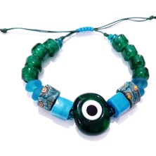 Funny Takı Koyu Yeşil Cam Danagöz Nazar Bodrum Cam ve Gana Krobo Cam Boncuklu Bileklik