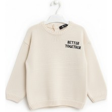 Imoop Design Kids Krem Bisiklet Yaka Nakışlı Düğmeli Triko Kazak