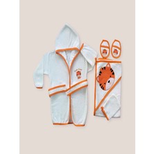 0-6 Ay Kaplan Nakışlı Bornozlu 5li Erkek Bebek Havlu Silgi Takımı Turuncu