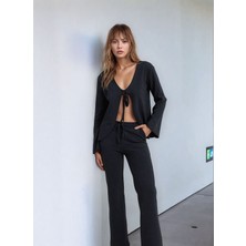 Mamayaga Kadın Uzun Kol Önden Bağcıklı Ceketli Beli Lastikli Alt Üst Pantolonlu Casual Spor Şık Takım