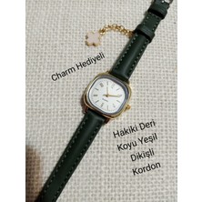 Quartz Kadın Kol Saati Vintage  Gold Kasa- Oval Model- Hakiki Deri Koyu Yeşil Dikişli Kordon TT0054