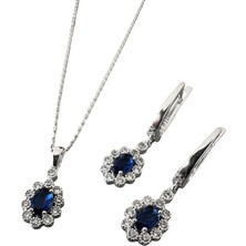 Zeta Jewel Gümüş Safir Oval Taşlı Sallantılı Küpe ve Kolye Seti