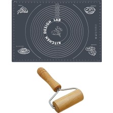 Kitchen Design Lab 2'li Set Gri 45X65 cm Silikon Hamur Açma Matı ve Pratik Ahşap Saplı Silindir Hamur Açıcı