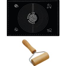 Kitchen Design Lab 2'li Set Siyah 45X65 cm Silikon Hamur Açma Matı ve Pratik Ahşap Saplı Silindir Hamur Açıcı