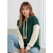 Mamayaga Kadın Kolları Örgü Triko Şık Tasarım Oversize Tunik Boy Zümrüt Yeşili Sweatshirt Kazak