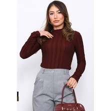 İmaj Butik Mürdüm Fırfır Detaylı Dik Yaka Bluz